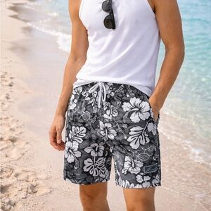 🌺 Ocean Blue Black & White Floral Swim Trunks | Men’s Size M | NWT